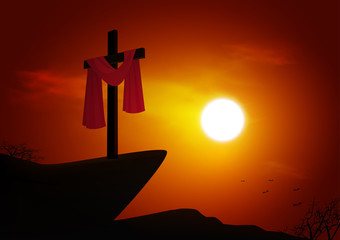 Christian religious design for Easter celebration. Resurrection of Jesus Christ. The dawn of the new morning and the cross is empty. Vector illustration