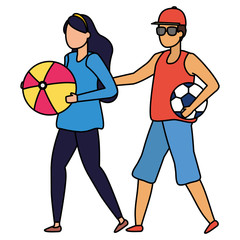 man with football ball and woman with beach ball