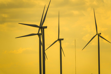 Wind turbine farm from clean energy. Wind power for electricity.