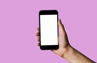 Hand holding white mobile phone with blank Plum screen in white background.