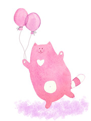 The pink cat plays with balloon. Cartoon fat cat