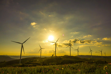 Wind turbine farm from clean energy. Wind power for electricity.