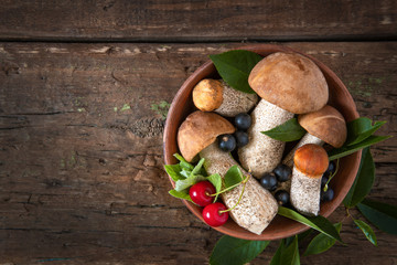 Mushrooms boletus, berries in a clay ?up for winter in autumn on a rustic wooden background
