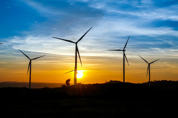 Wind turbine farm from clean energy. Wind power for electricity.