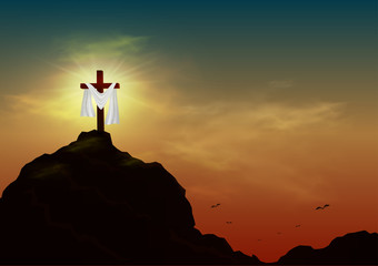 Christian religious design for Easter celebration. Resurrection of Jesus Christ. The dawn of the new morning and the cross is empty. Vector illustration