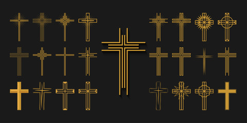 Icons set. Cross of christian religion. Jesus Christ and God, faith sign. Church and pray, religion and resurrection. Vector
