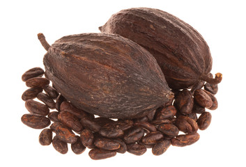 heap of cacao pods and cacao beans isolated on white background