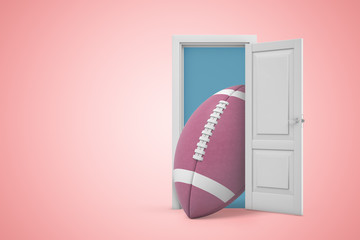 3d rendering of open door on pink gradient background and big brown oval ball for American football in doorway.