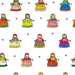 Handmade folk doll mascot, seamless pattern for your design