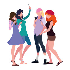 group women using smartphone social media