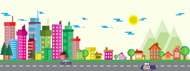 Town and village with blue sky illustration in flat.Modern building and sky with Clouds on Circle background.Home,Mountain,tree, Photo city and Vector illustration concept idea.