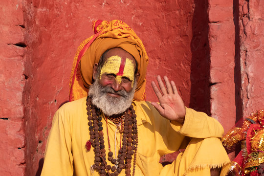 Sadhu men with traditional painted face in Pashupatinath Temple of Kathmandu, Nepal.Sadhu men refer to holy person in Hinduism