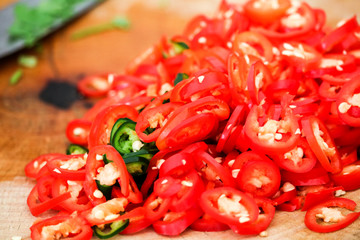 Popular sliced ​​red green chilies are mixed with seasonings for eating with Thai food