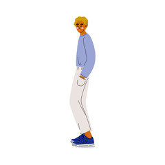 Obraz premium Young Blond Handsome Man in Casual Clothes Standing with Hands in His Pockets Vector Illustratio