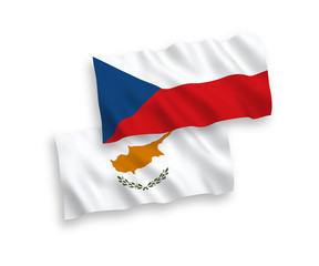 National vector fabric wave flags of Cyprus and Czech Republic isolated on white background. 1 to 2 proportion.