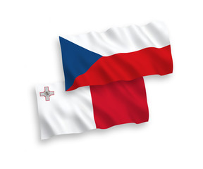 National vector fabric wave flags of Malta and Czech Republic isolated on white background. 1 to 2 proportion.