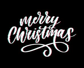 merry christmas and happy new year 2019, creative greeting card or label with glitch theme on black background vector design illustration, it can use for label, logo, sign, sticker