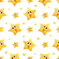 Happy Funny Yellow Star Character Seamless Pattern, Design Element Can Be Used for Wallpaper, Packaging, Background Vector Illustration