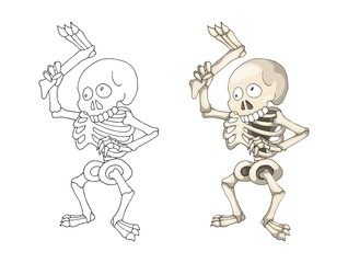 Human Skeleton Standing with Leg, cartoon Character Coloring book page