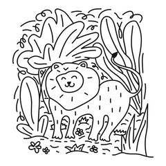 Lion in jungle. Doodle hand drawn vector outline illustration design. Best for nursery, childish textile, apparel, poster, postcard.