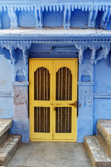 Old wood carved door in Blue City of Jodhpur. Rajasthan. India