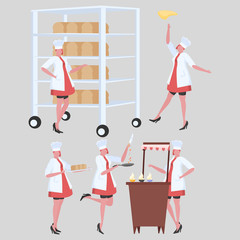 Set of activities woman chef in uniform. Professional restaurant worker. 