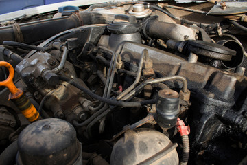 old dirty diesel engine with oil stains