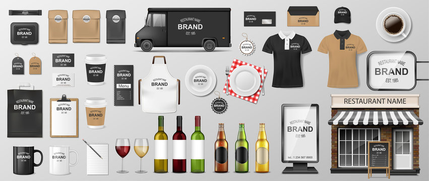 Restaurant Corporate Branding identity template. MockUp design for Coffee, Cafe, Fast food. Realistic set of uniform, delivery truck, food cart, street menu and package. Vector illustration