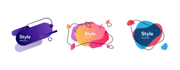 Set of abstract modern violet, orange, blue graphic elements. Dynamical colored forms and lines. Gradient abstract banners with flowing liquid shapes. Template for logo, flyer, presentation