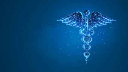 Caduceus health symbol. medical symbol, health care concept. Abstract, digital, wireframe, low poly mesh, vector blue neon 3d illustration. Line dot