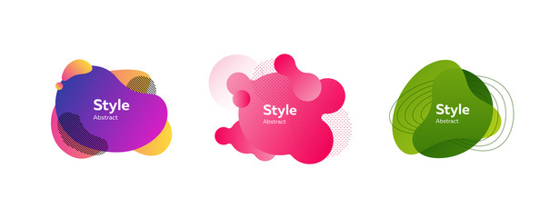 Set of abstract modern violet, pink, green graphic elements. Dynamical colored forms and lines. Gradient abstract banners with flowing liquid shapes. Template for logo, flyer, presentation