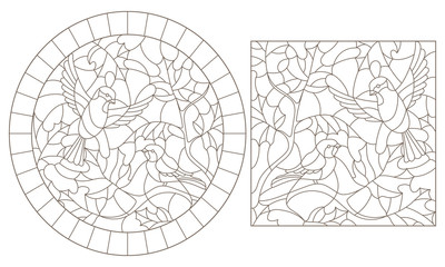 A set of contour illustrations of stained glass Windows with birds on a maple leaf background , dark contours on a white background