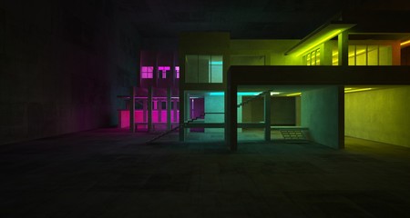 Abstract architectural concrete and white interior of a minimalist house with color gradient neon lighting. 3D illustration and rendering.