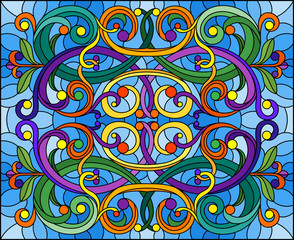 Illustration in stained glass style with abstract  swirls,flowers and leaves  on a blue background,horizontal orientation