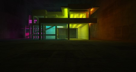 Abstract architectural concrete and white interior of a minimalist house with color gradient neon lighting. 3D illustration and rendering.