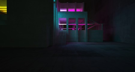 Abstract architectural concrete and white interior of a minimalist house with color gradient neon lighting. 3D illustration and rendering.