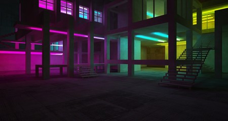 Abstract architectural concrete and white interior of a minimalist house with color gradient neon lighting. 3D illustration and rendering.