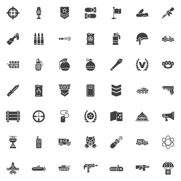 Military theme vector icons set, modern solid symbol collection, filled style pictogram pack. Signs, logo illustration. Set includes icons as Sniper Aim, Gun shooting target, Officer rank, Machine gun