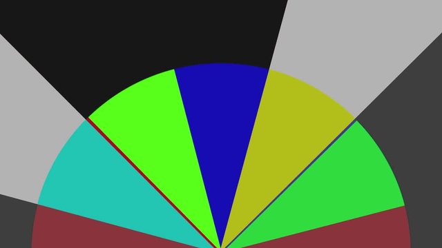 Two 2D circular graphic patterns that rotate in the opposite direction, anchor point positioned in the center and covers part of the multicolored background, composed of different fan colors.