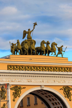Triumphal arch of the General Staff Building on Palace Square in St. Petersburg, Russia