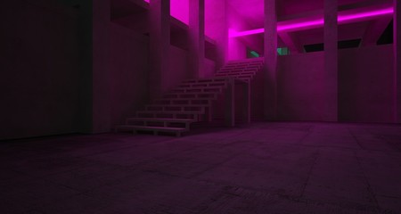 Abstract architectural concrete and white interior of a minimalist house with color gradient neon lighting. 3D illustration and rendering.