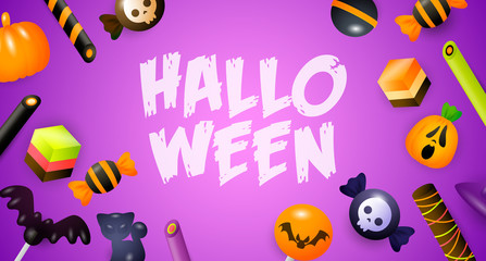 Halloween lettering with candies, sweets and cakes. Invitation or advertising design. Typed text, calligraphy. For leaflets, brochures, invitations, posters or banners.