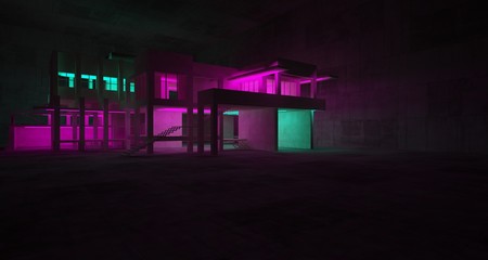 Abstract architectural concrete and white interior of a minimalist house with color gradient neon lighting. 3D illustration and rendering.