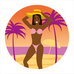 Icon activty on ocean sea summer girl in a hat sunbathes
