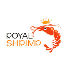 Royal shrimp and crown. Symbol and inscription. Emblem. Logo design and name for the corporate identity of the restaurant, shop, processing plant. The inscription with a shadow on a white background.