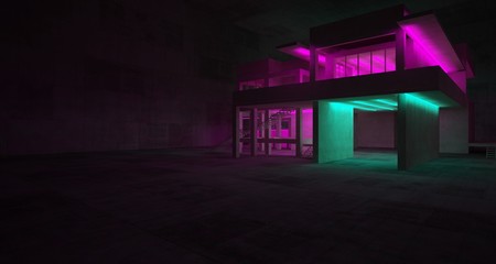 Abstract architectural concrete and white interior of a minimalist house with color gradient neon lighting. 3D illustration and rendering.