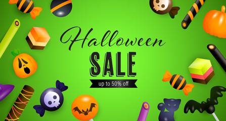 Halloween Sale lettering, sweets, candies, cakes. Invitation or advertising design. Handwritten and typed text, calligraphy. For leaflets, brochures, invitations, posters or banners.