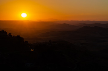 Wonderful Silhouette Sunset over the Sicilian Hills, Mazzarino, Caltanissetta, Sicily, Italy, Europe