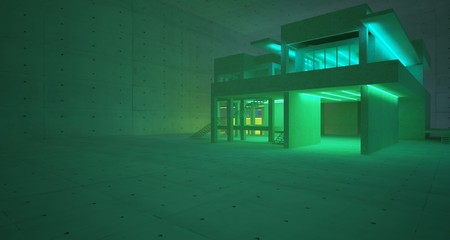 Abstract architectural concrete and coquina interior of a minimalist house with color gradient neon lighting. 3D illustration and rendering.