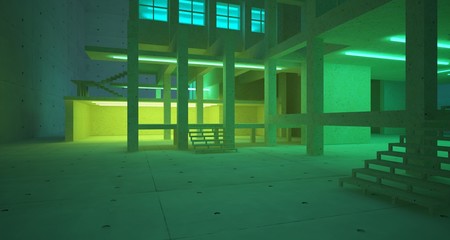 Abstract architectural concrete and coquina interior of a minimalist house with color gradient neon lighting. 3D illustration and rendering.